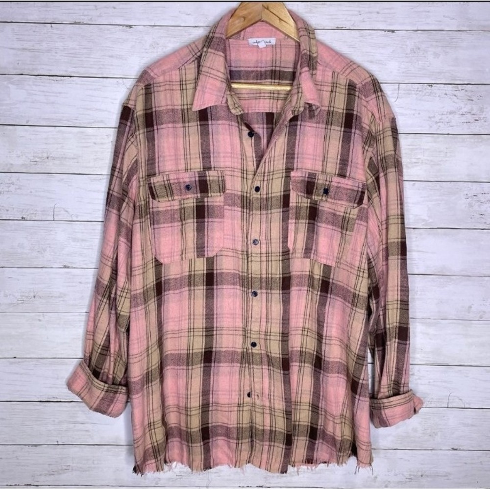 White Birch BKE Buckle Pink Plaid Raw Hem Oversized Flannel Shirt Womens 1X plus
